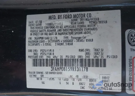 2009 Ford Fusion Sel из США, поврежденный, VIN 3FAHP08159R131178